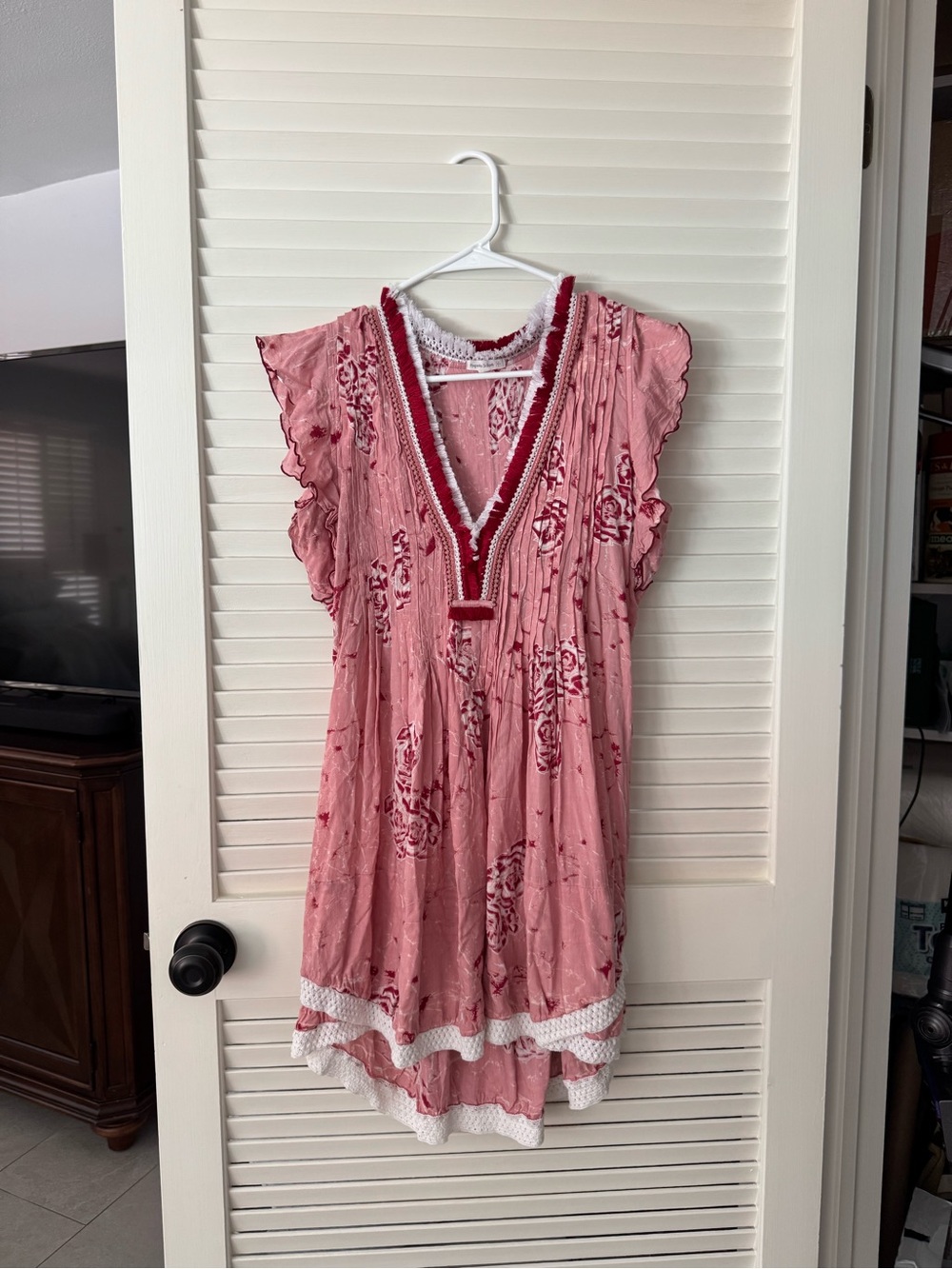 Poupette St. Barth Pink and Red Floral Fringe Tunic Dress